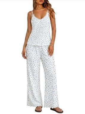 White & Blue Floral Cami and Wide-Leg Pajama Set
